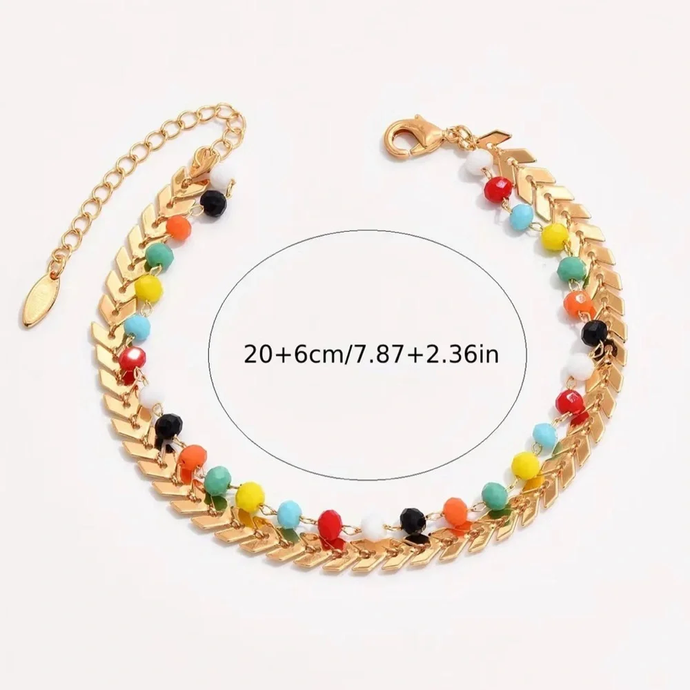 Double Layers Chain Anklet With Colorful Beads| Gold Plated Ankle Bracelet Set - Picture 3 of 5